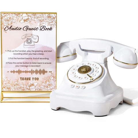 FiayaCom Audio Guest Book wedding phone on reception table for easy recording.