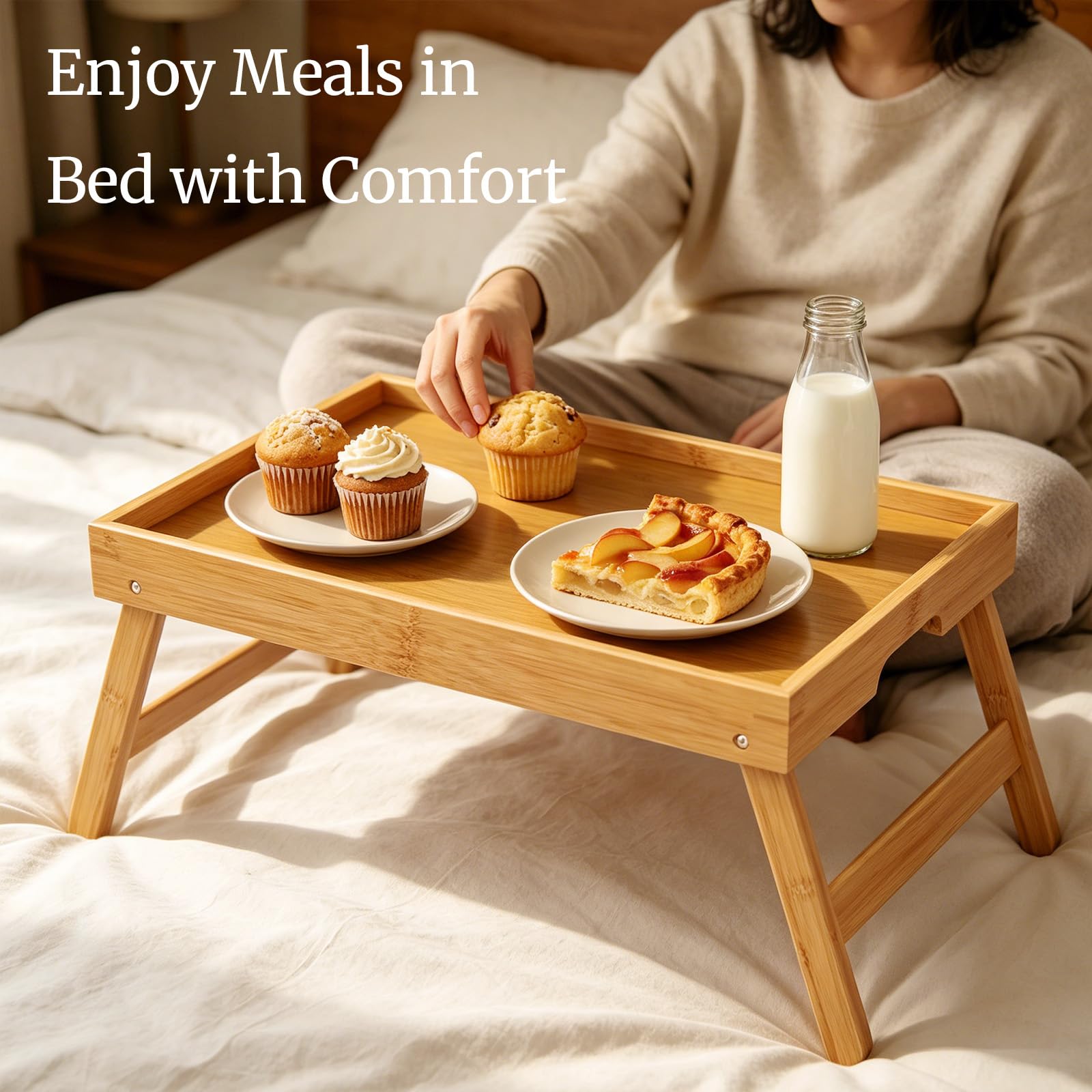 Fibogollo bamboo bed tray with guardrail to prevent spills.