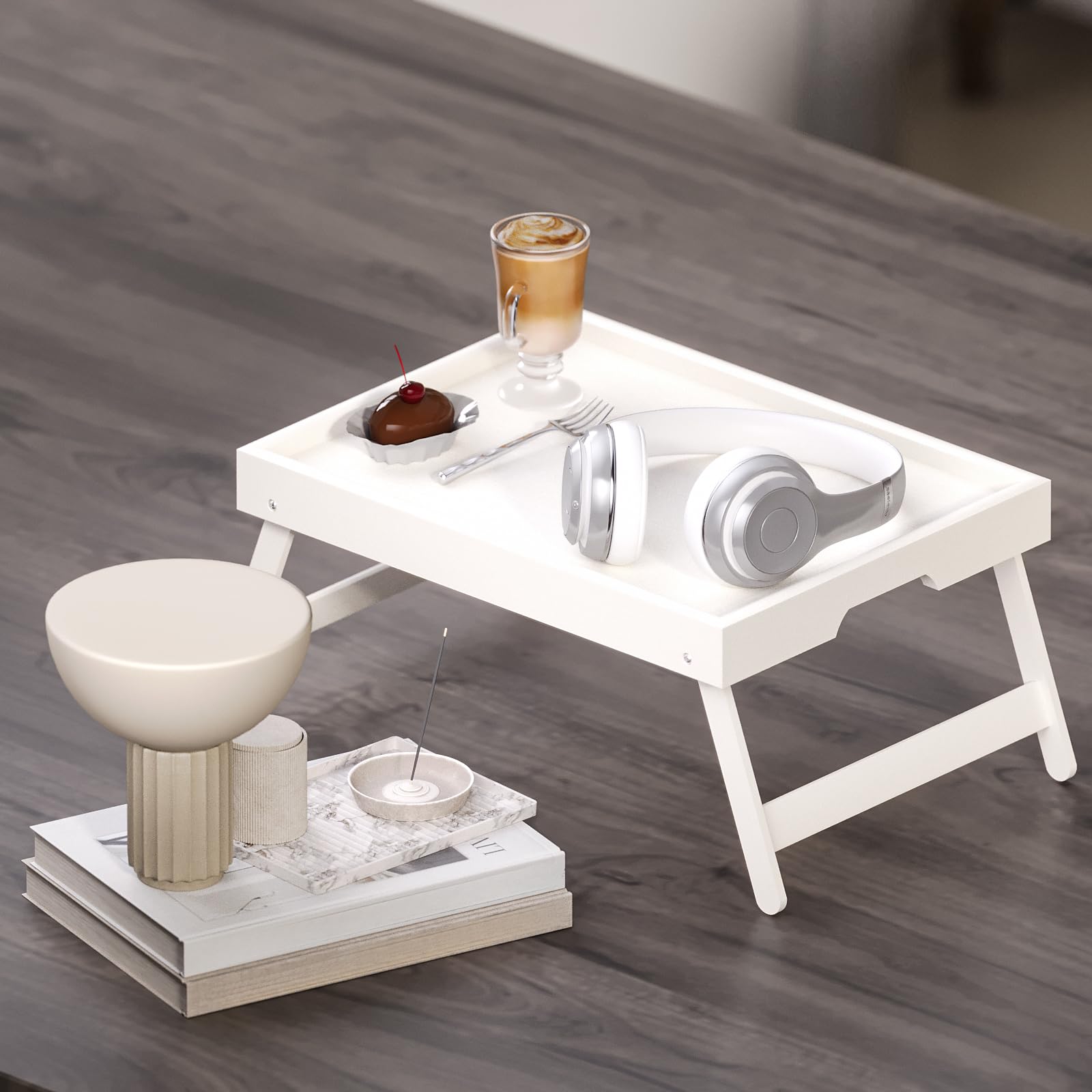Fibogollo bamboo bed tray guardrail keeps items secure.