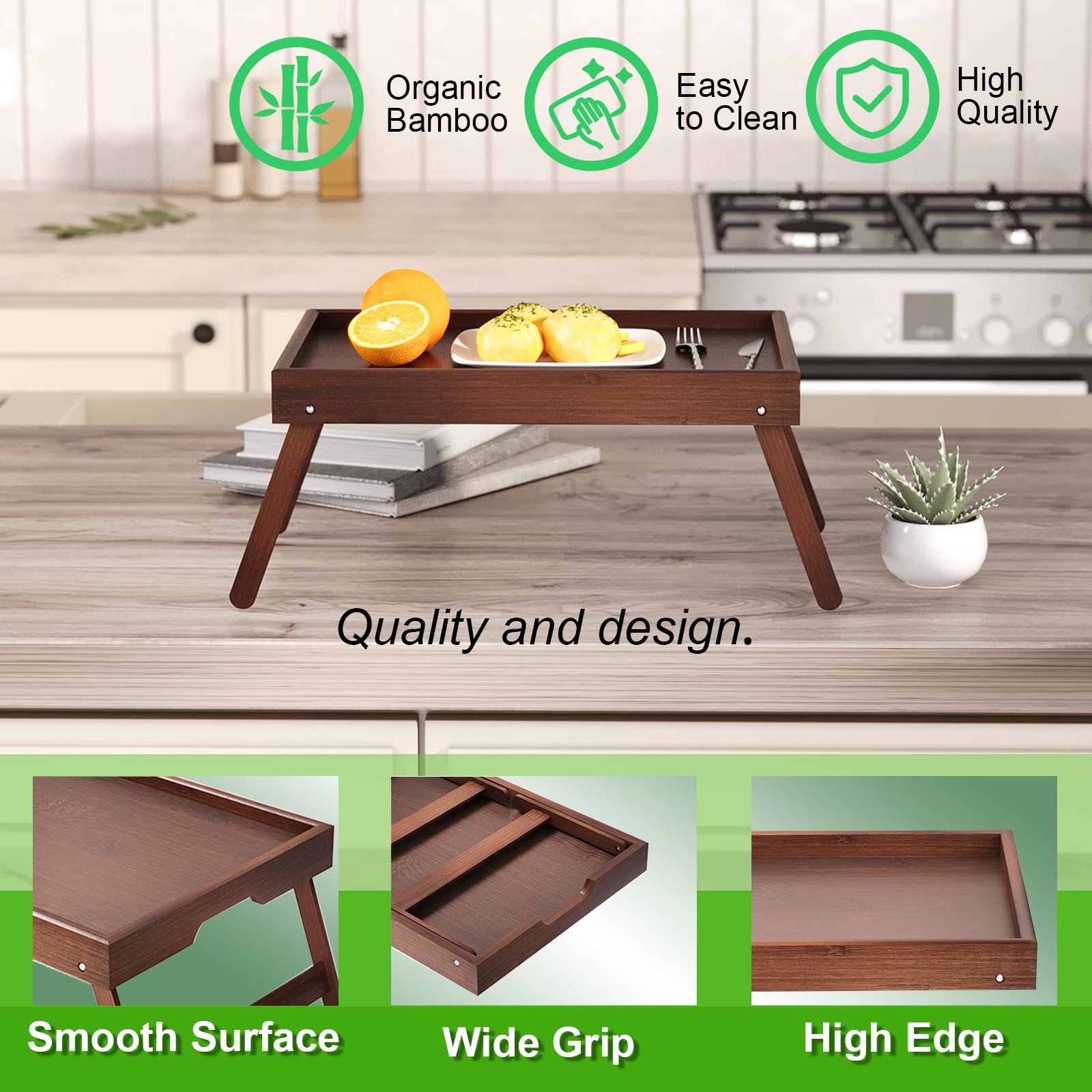 Fibogollo foldable bamboo tray demonstrates easy storage in small spaces.