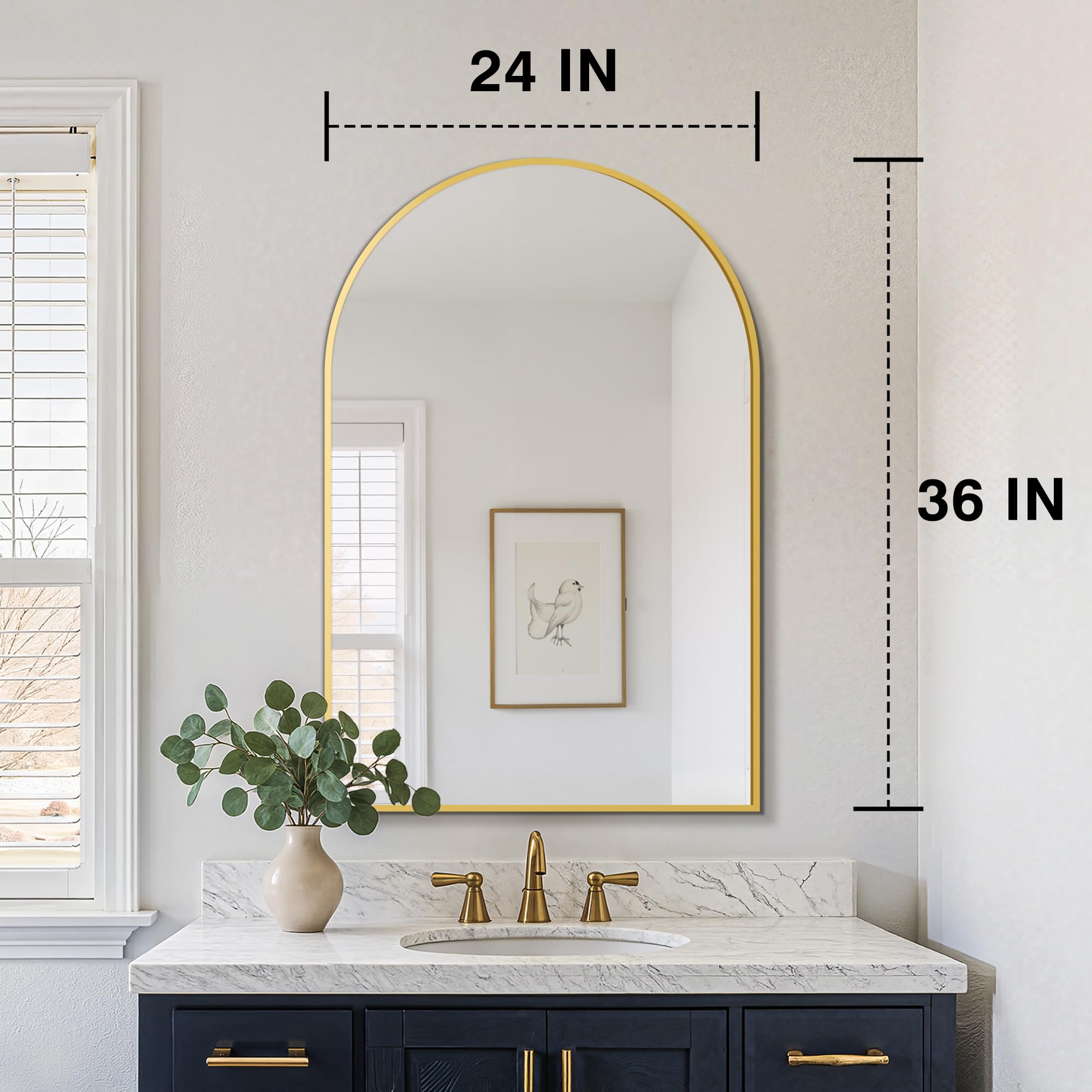 FICTOR arched metal frame mirror in gold finish adds modern elegance