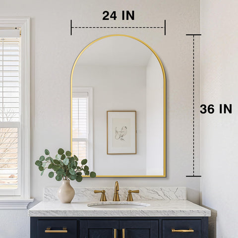 FICTOR arched metal frame mirror in gold finish adds modern elegance