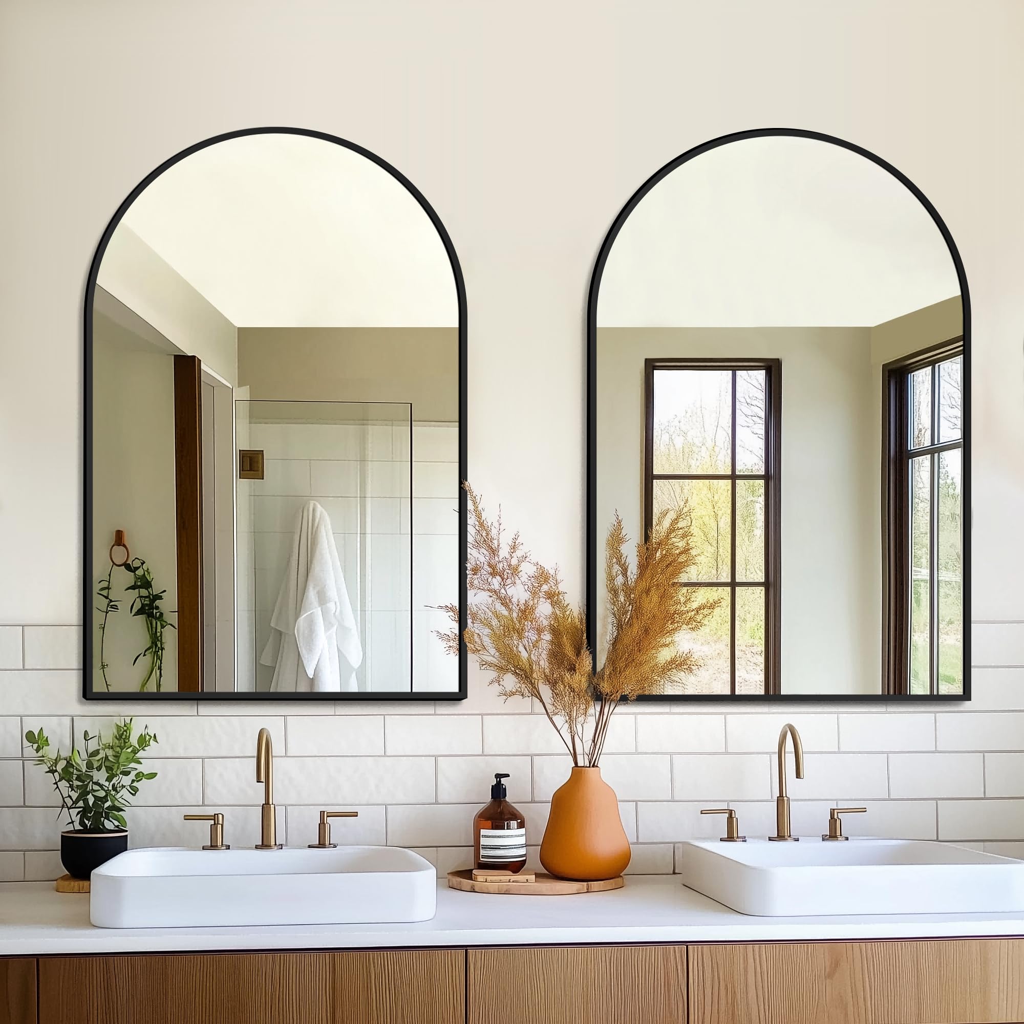 FICTOR arched bathroom mirror with black frame for vanity spaces and clear reflection