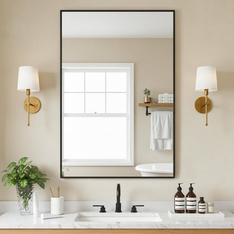 FICTOR 36x24 bathroom mirror front view with sleek black frame and clear reflection.