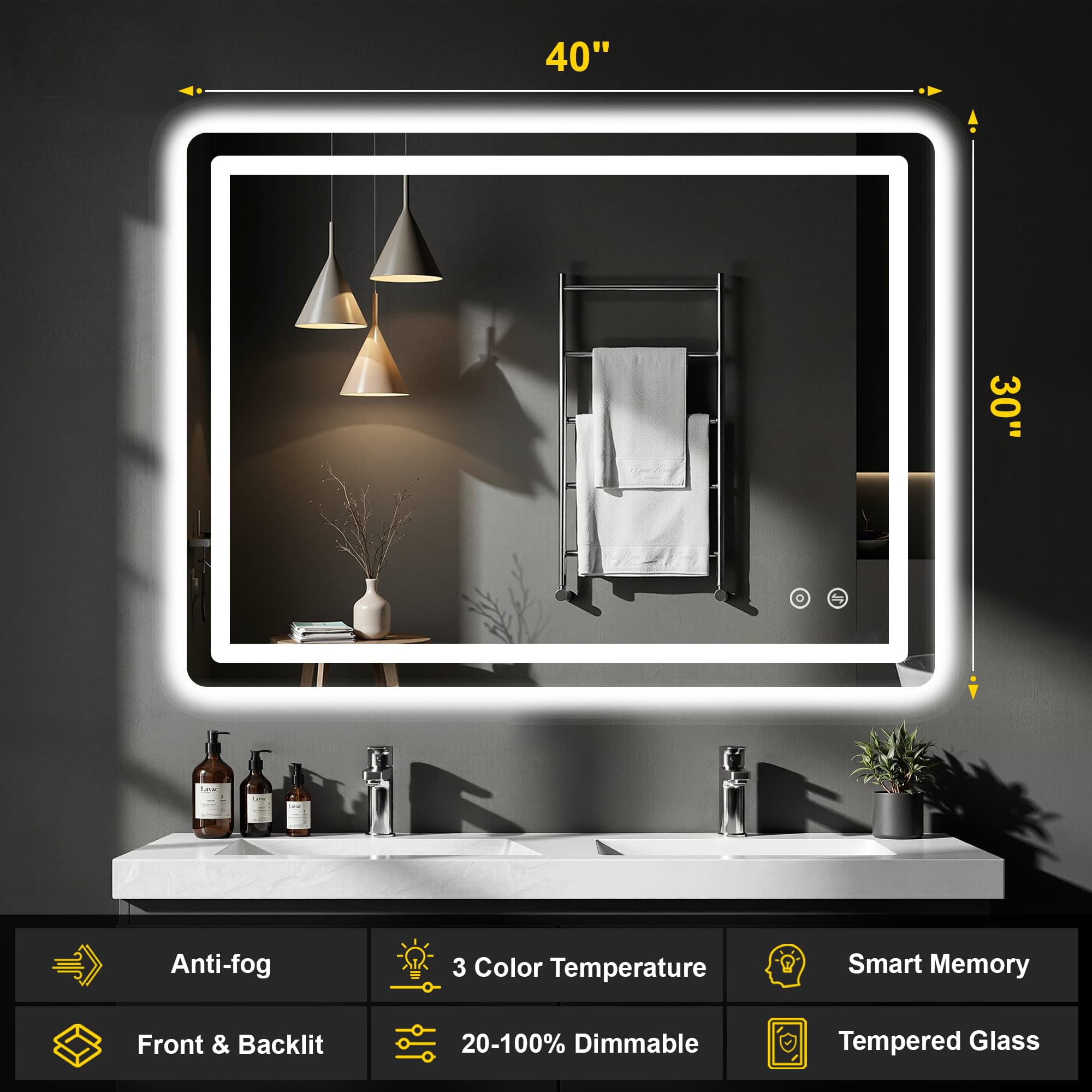 FICTOR LED mirror with backlit design adds ambient glow to the bathroom.