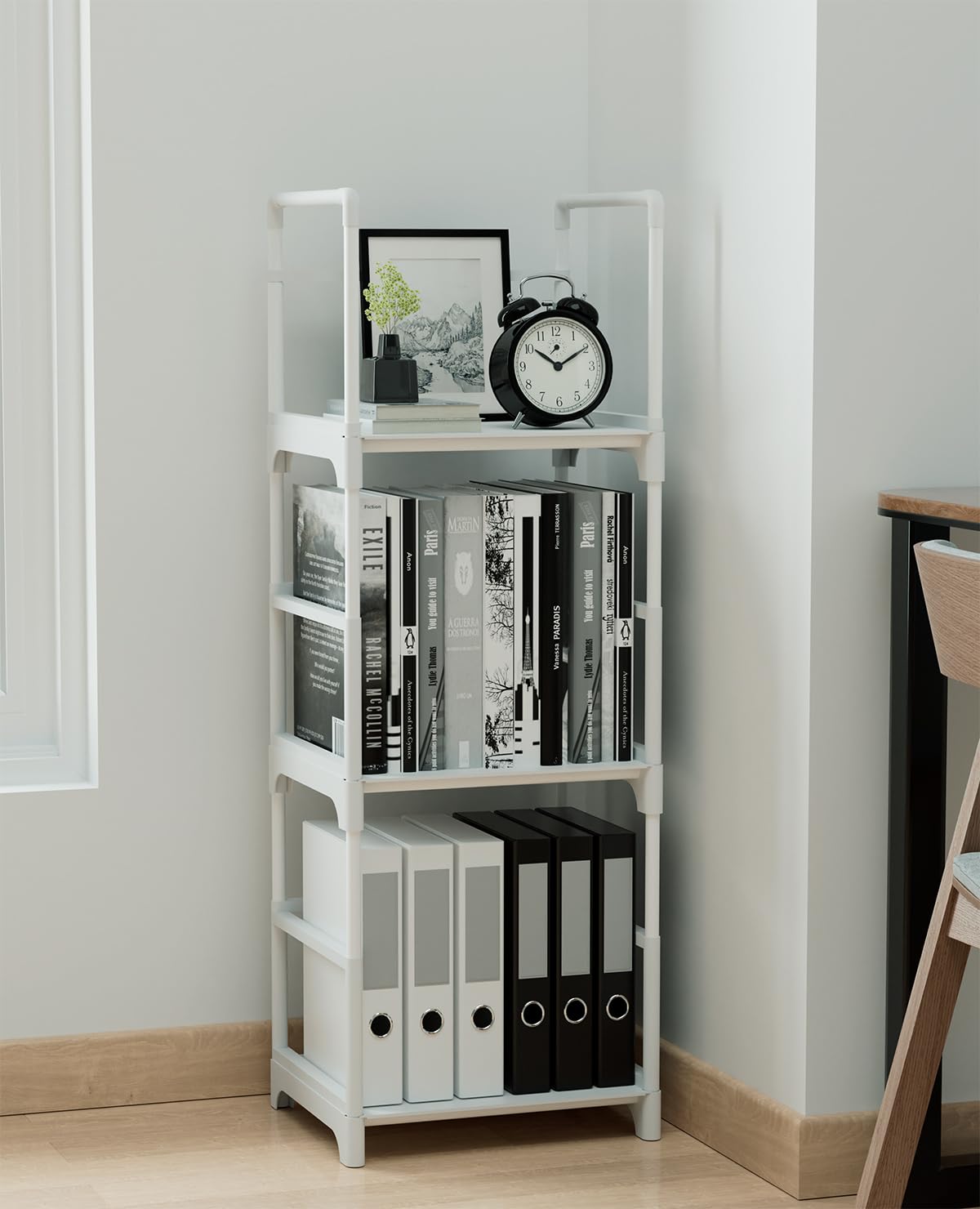 FIDUCIAL HOME corner-fit bookshelf enables tidy nooks in living spaces.