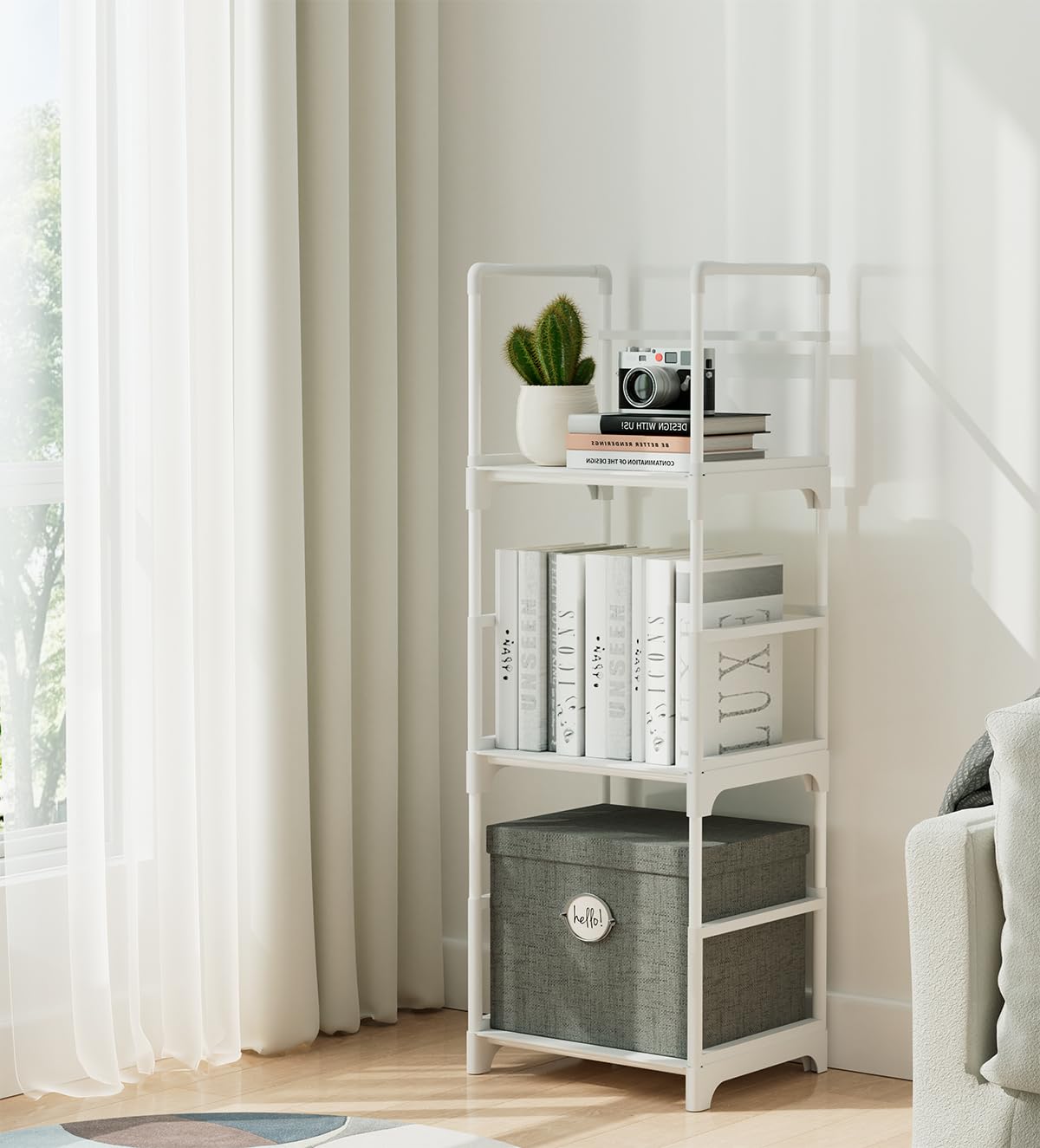 FIDUCIAL HOME 3 Tiers bookshelf side view showing slim profile for corners.