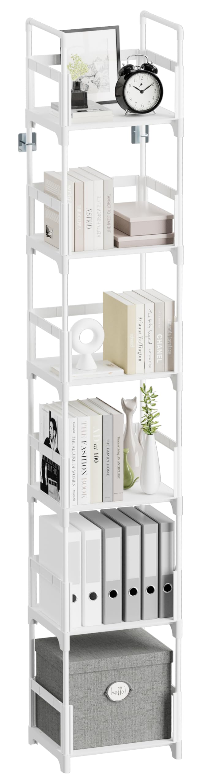 FIDUCIAL HOME 6-tier white bookshelf in a corner, space-saving storage.