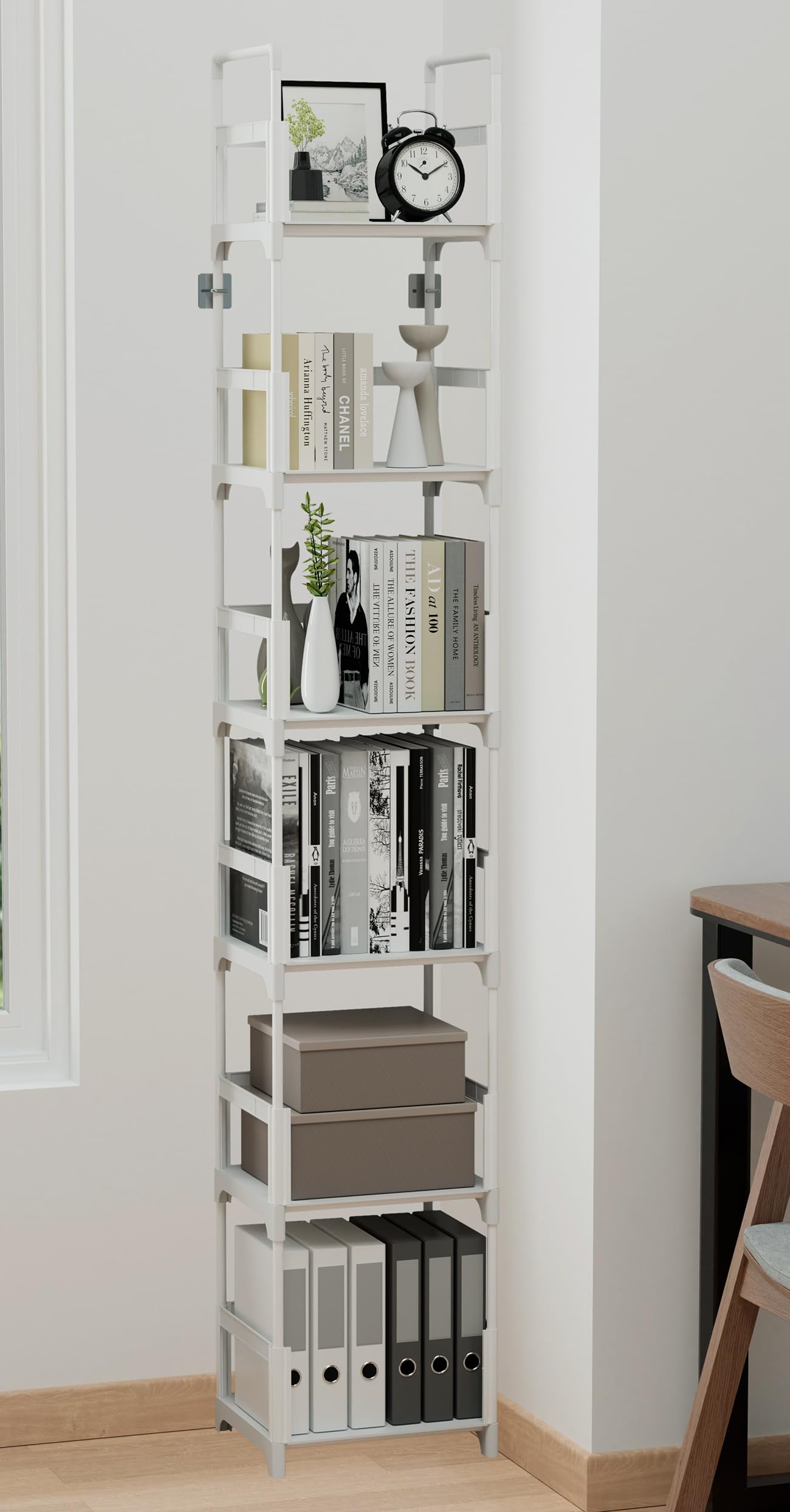 FIDUCIAL HOME skinny white bookcase shown beside a desk for compact storage.