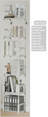 FIDUCIAL HOME white shelves with metal frame support heavy volumes.