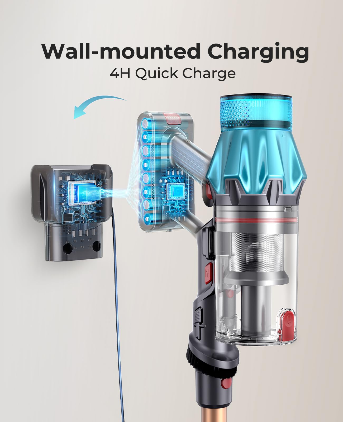 Fieety charging dock keeps the vacuum stored neatly and ready.