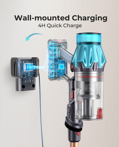 Fieety charging dock keeps the vacuum stored neatly and ready.