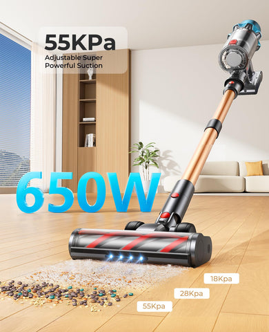 Fieety cordless vacuum 55KPa suction shows strong airflow for thorough pickup on surfaces.