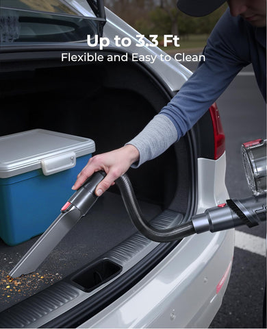Fieety extended hose and sofa brush for stairs and upholstery cleaning.