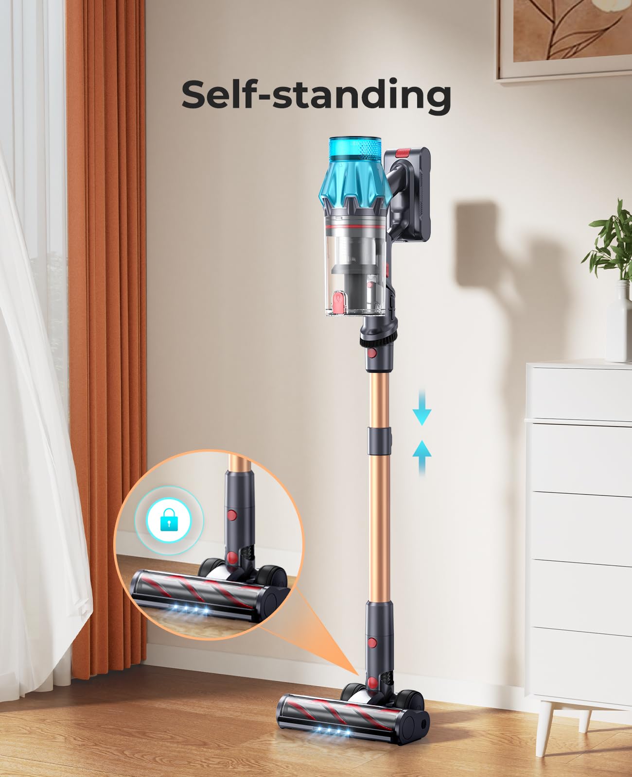 Fieety self-standing design simplifies handheld cleaning and storage.