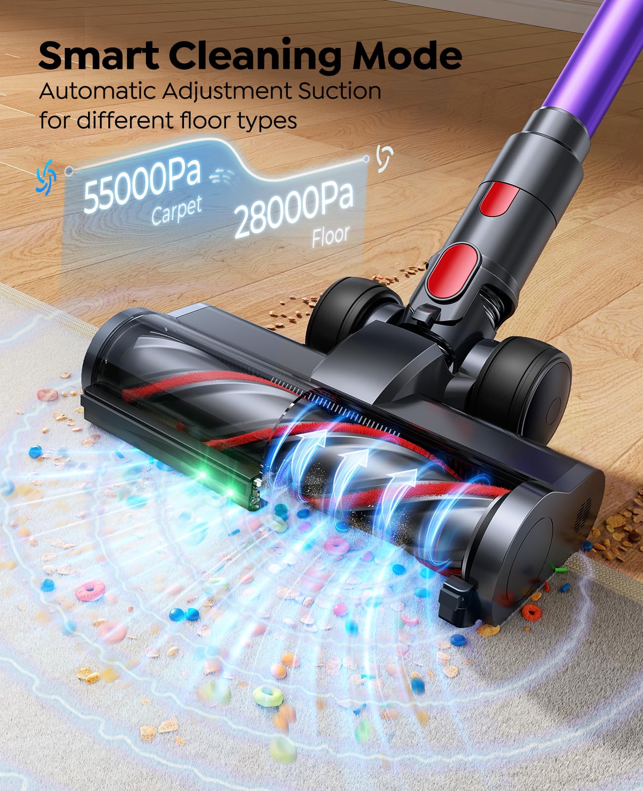 Fieety Ultra10 auto mode adapts suction to floor type.