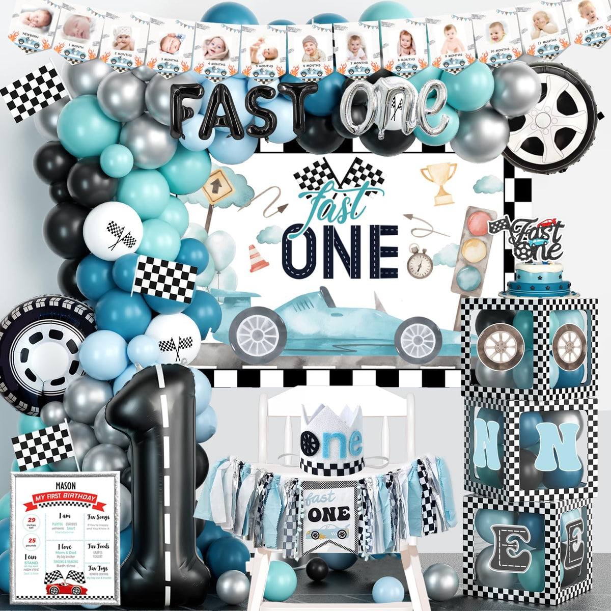 Fiesec Fast One backdrop featuring retro blue car for a first birthday