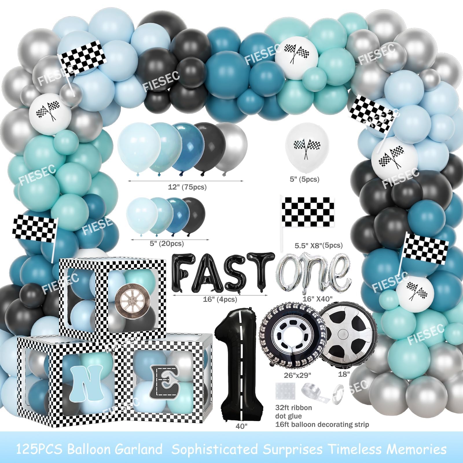 Fiesec Fast One checkered flags display to emphasize the race theme