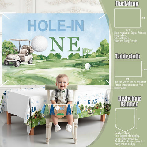 Fiesec Hole in One backdrop and tablecloth create a cohesive, photo-ready scene.