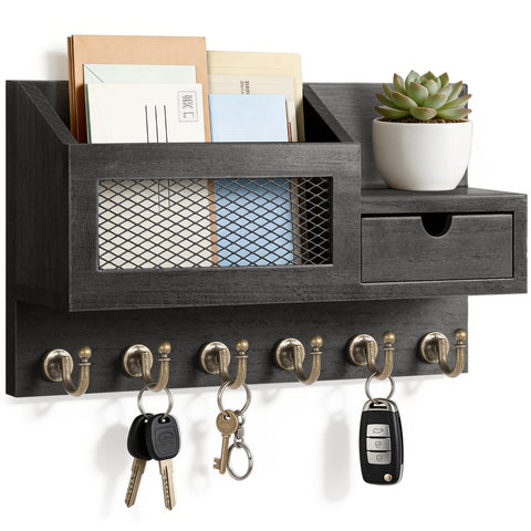 FifthQuarter key and mail holder wall mount with six hooks to keep entryways tidy.