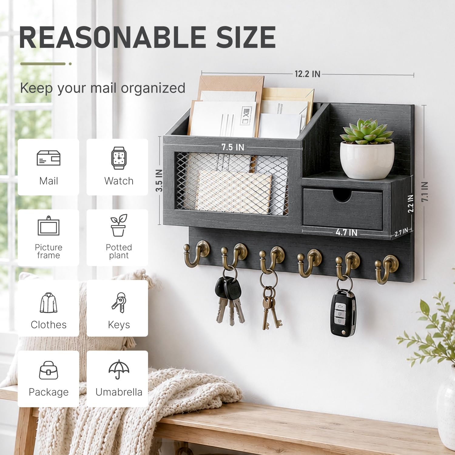 FifthQuarter six-hook organizer offers drawer storage for keys and mail.