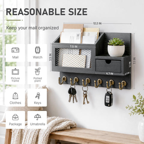 FifthQuarter six-hook organizer offers drawer storage for keys and mail.