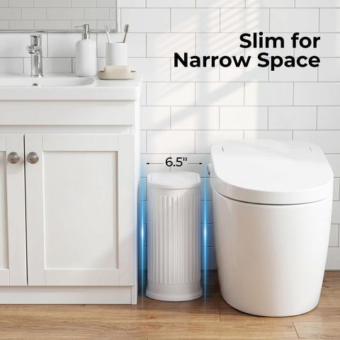 Figella trash can front view highlights slim profile for tight bathroom spaces