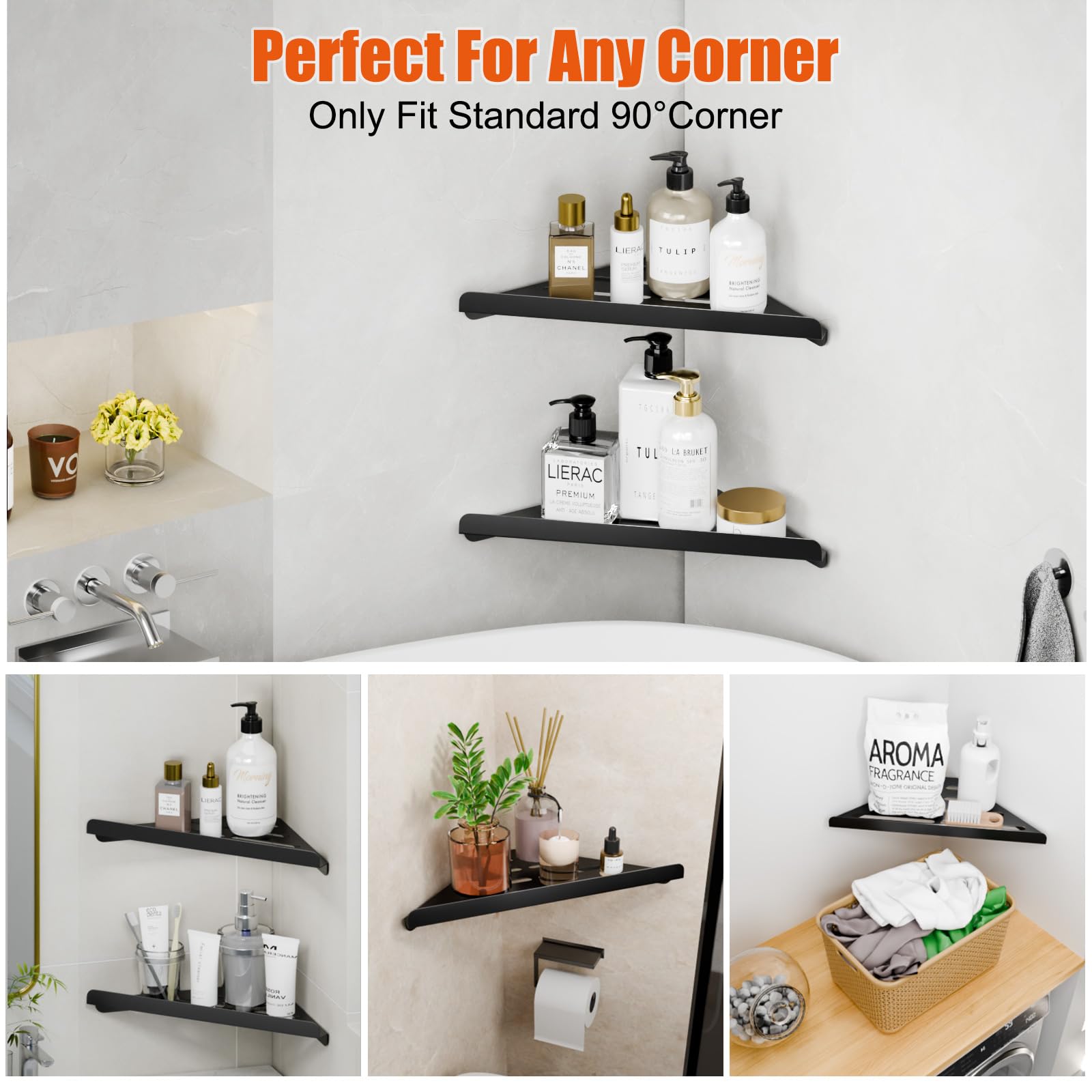 Fikoksol four-pack adds versatile corner storage in compact bathrooms.