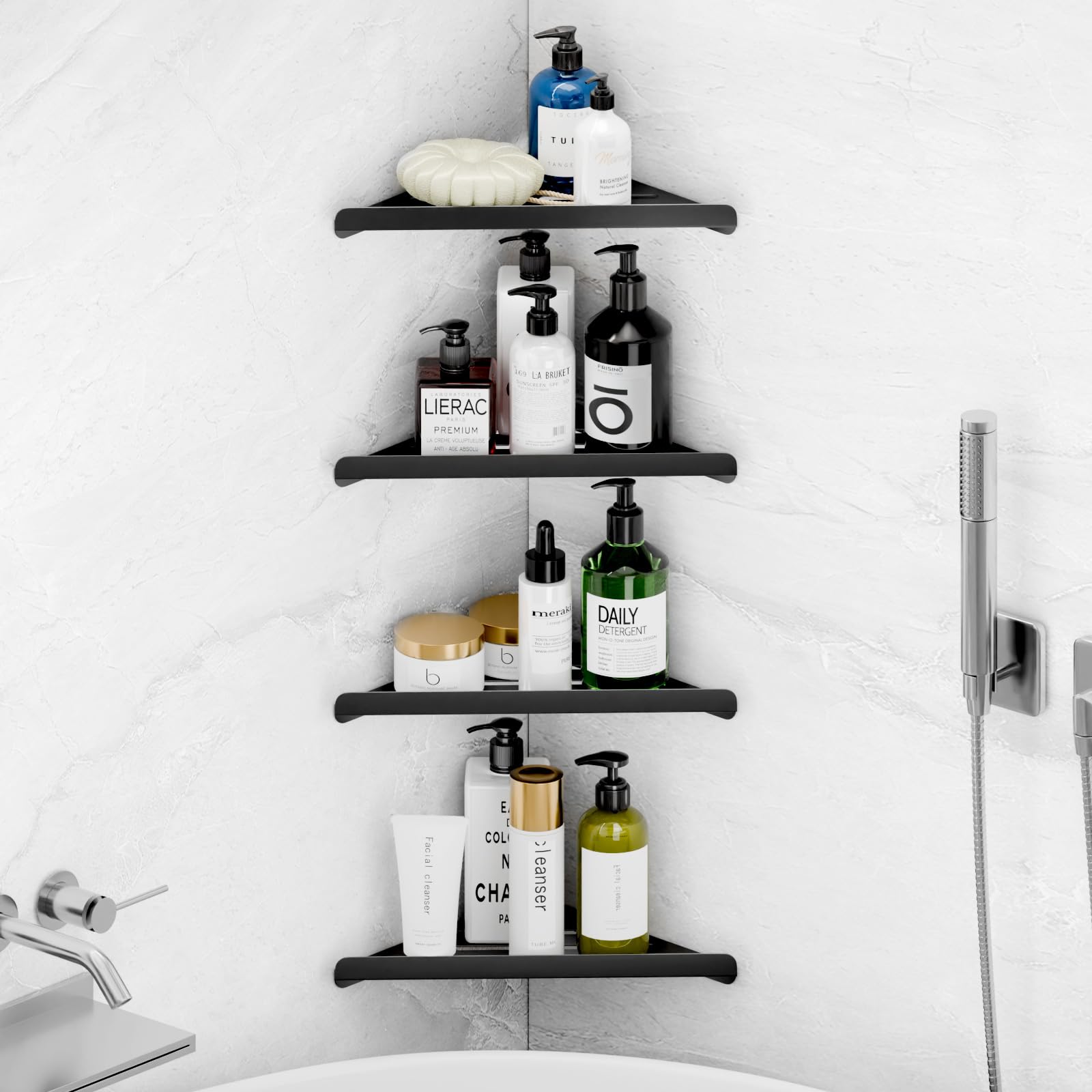Fikoksol triangle corner shelf fits snugly in the shower for space saving.