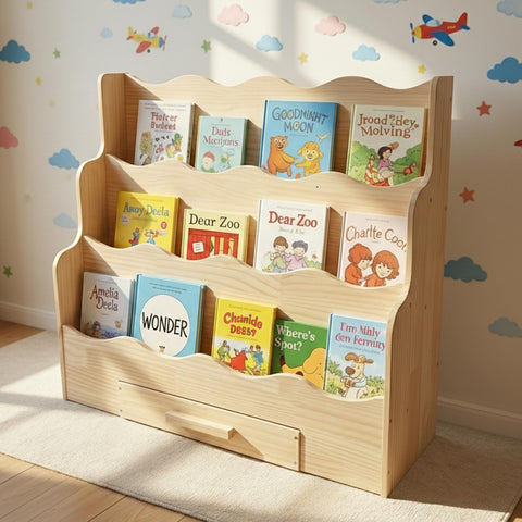 FIKSG 3-tier Montessori scalloped front-facing bookcase displaying books for easy toddler selection.