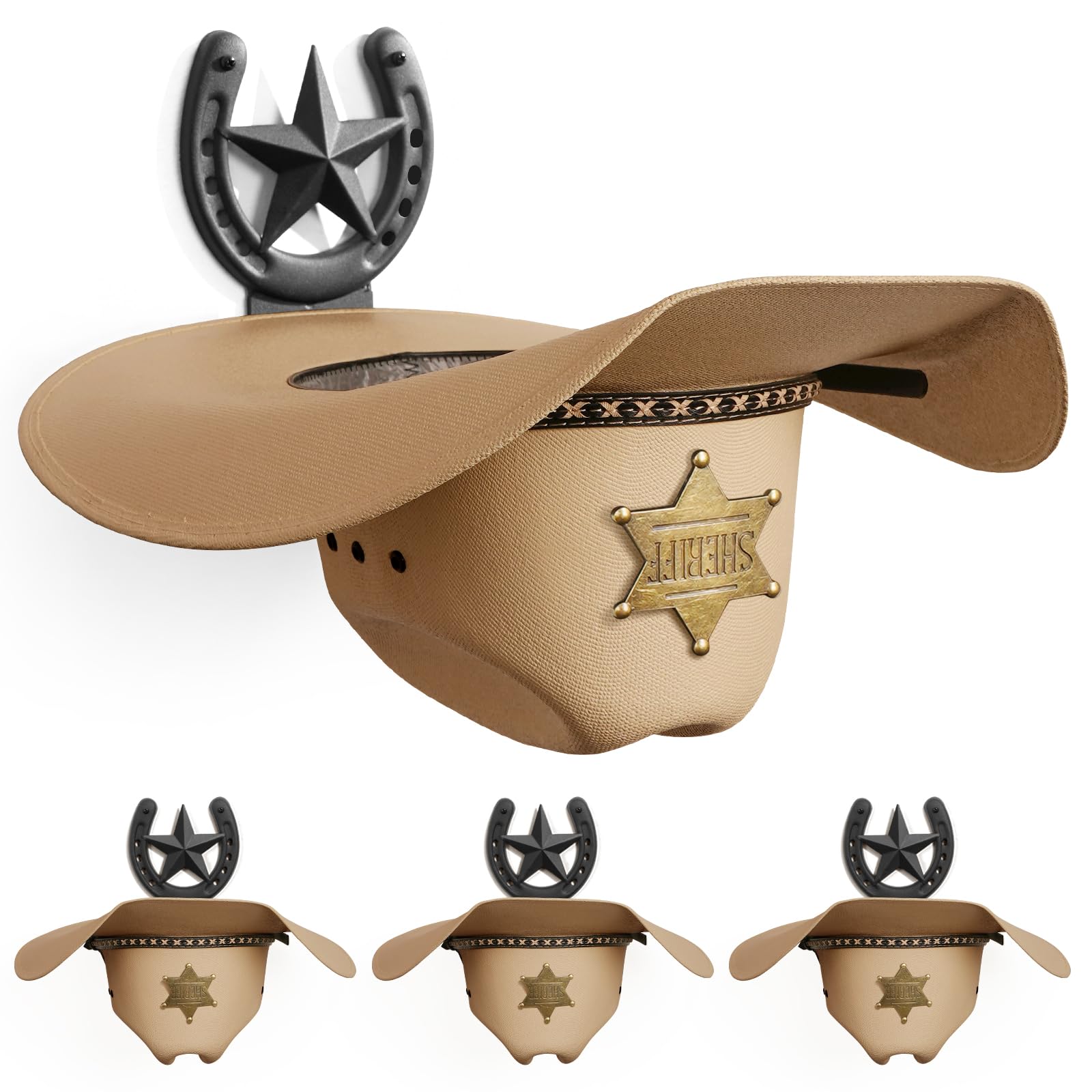 Filano cowboy hat wall mount with horseshoe and Texas star showcases hats securely for easy display