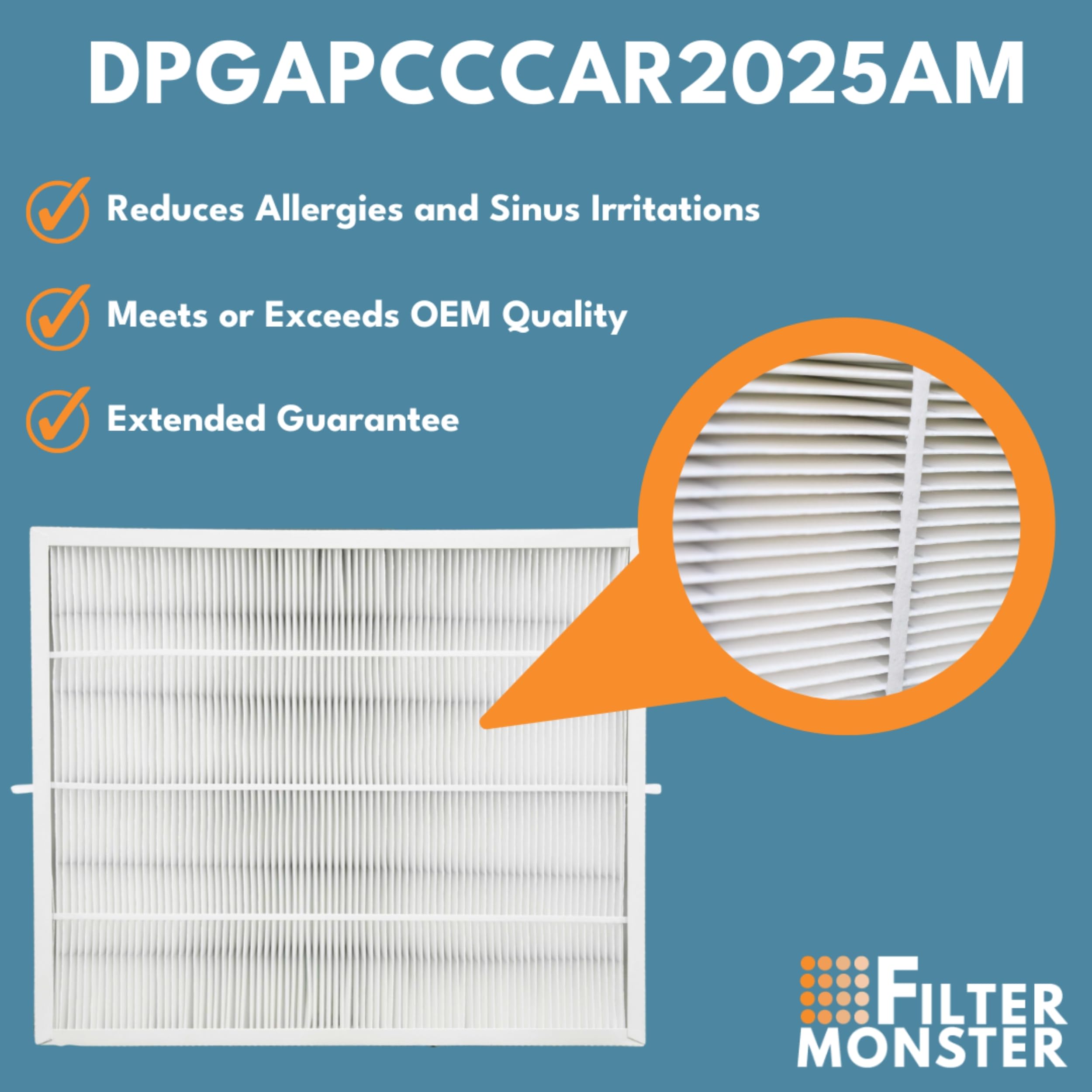 Filter-Monster actual-size cartridge fits standard units at 20.7 x 24.4 x 3.5 inches.