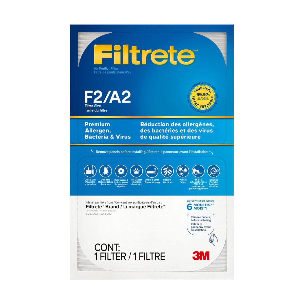 Filtrete F2 filter front view highlighting premium HEPA media capturing airborne particles