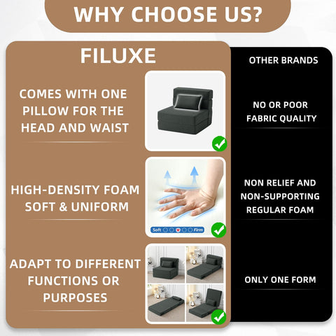 FILUXE folded compact sofa bed demonstrates space-saving form in small rooms.