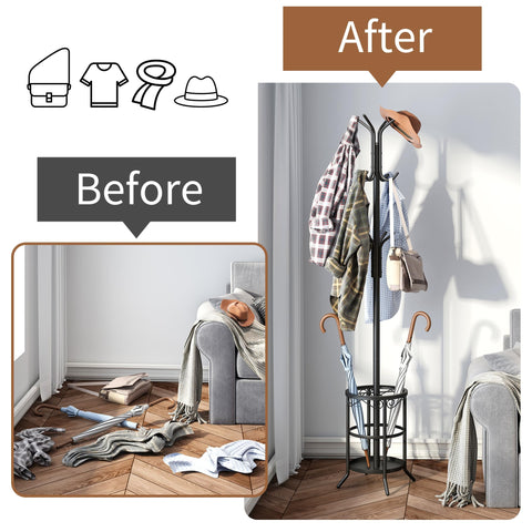 Black finish coat rack blends with modern décor.