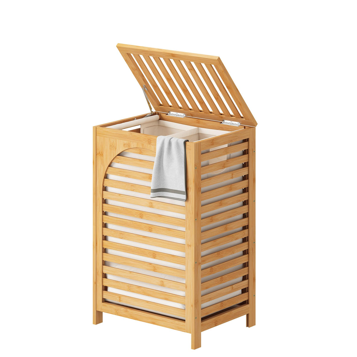FILWH laundry hamper with bamboo lid keeps clothes concealed and tidy.
