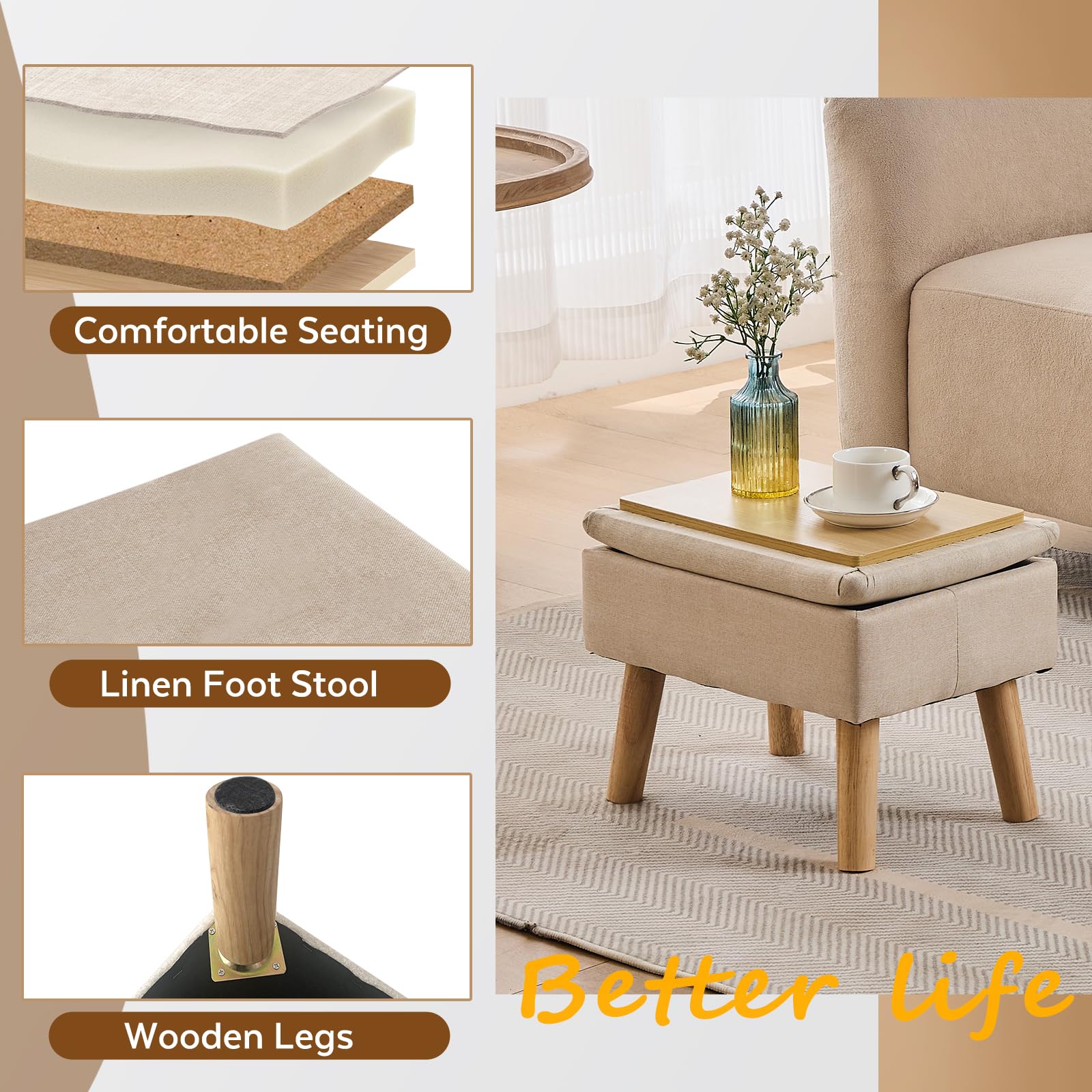 FIMIVIBI ottoman lid reveals hidden storage for small items