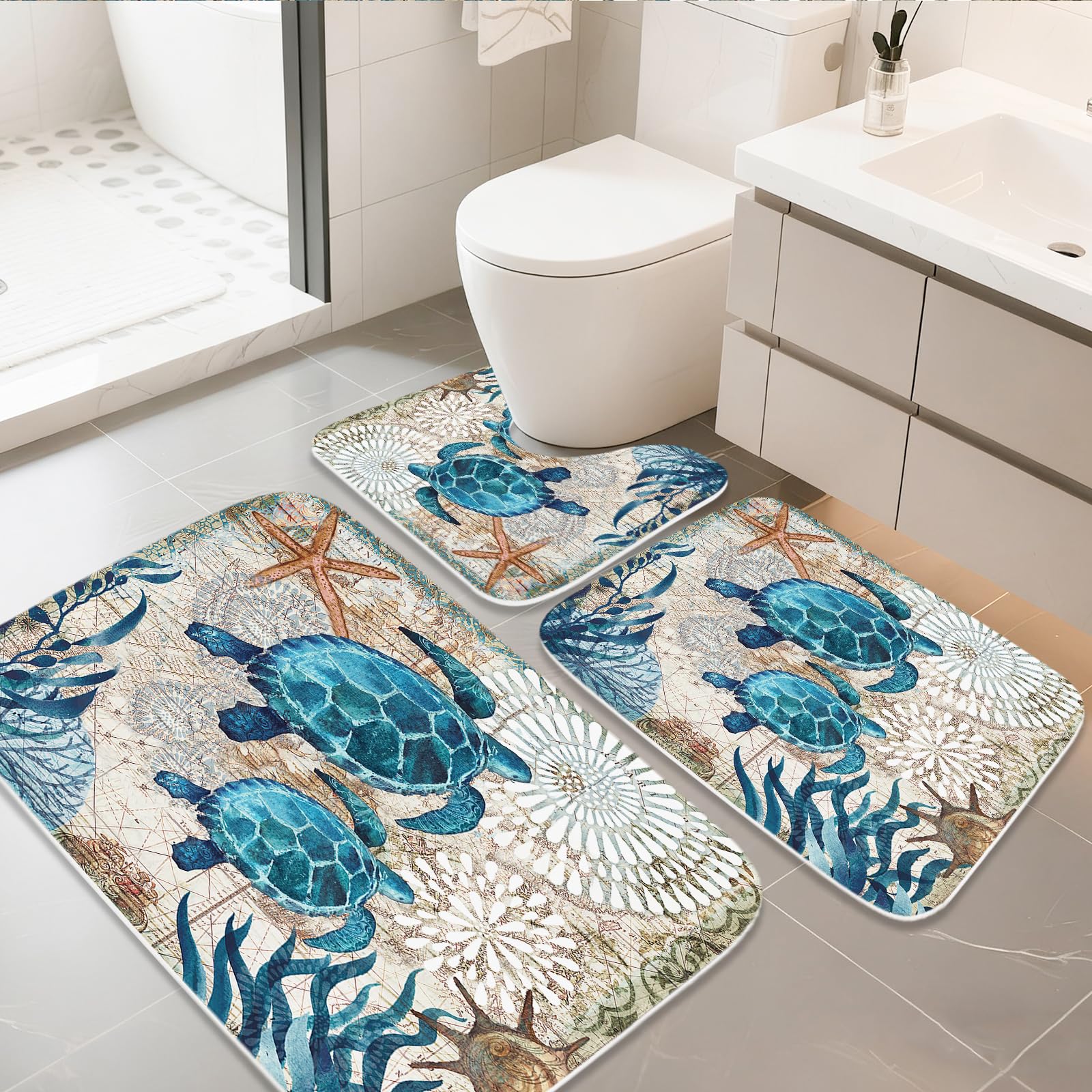 Final Friday nautical sea turtles blue ocean bath rug 20x31 inches offers memory foam comfort and quick absorption.