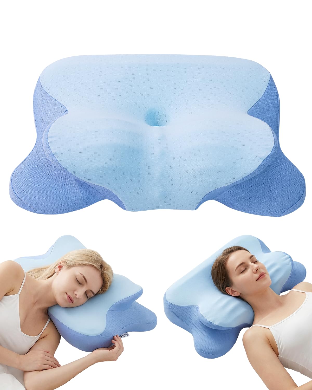 Finbuco cervical neck pillow bow-shaped area supports side sleeping for better neck comfort.