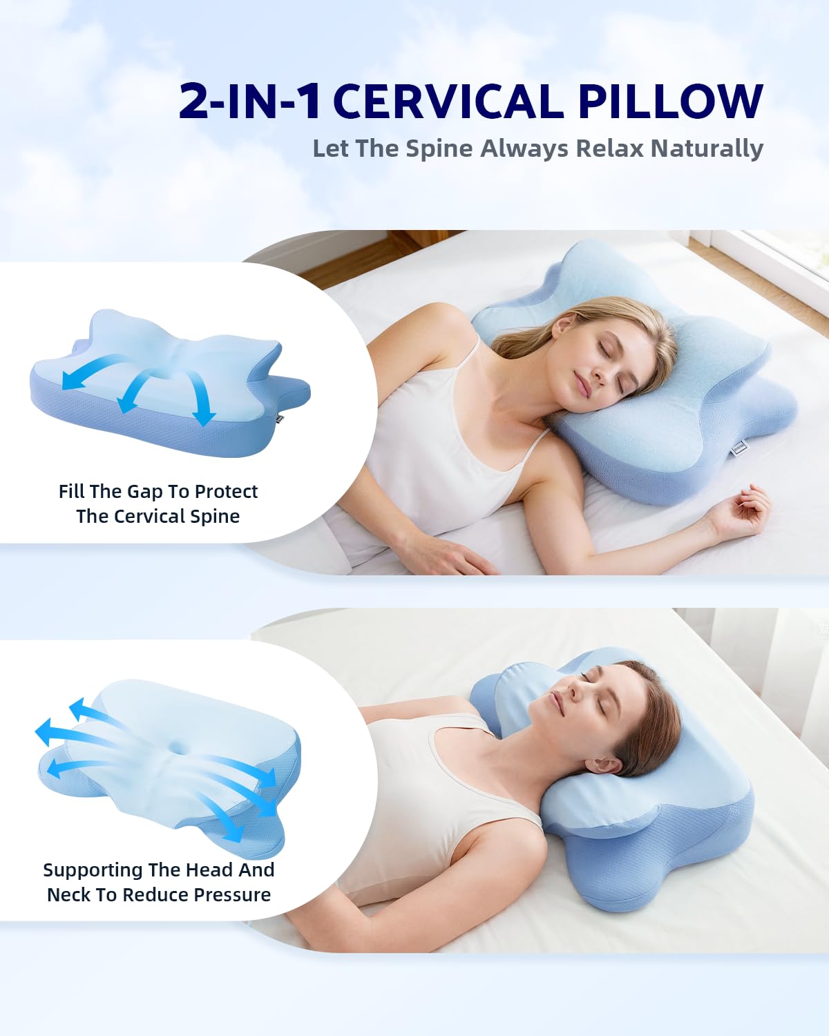 Finbuco cervical neck pillow butterfly-wing curve hugs the head for relaxed spine alignment.