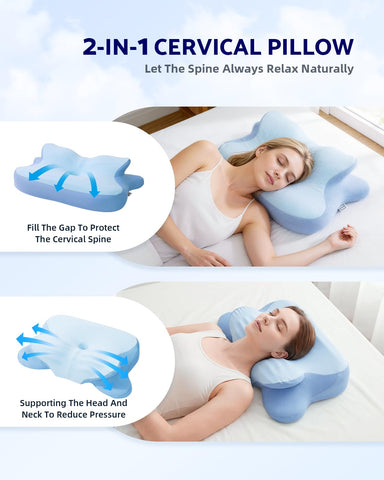 Finbuco cervical neck pillow butterfly-wing curve hugs the head for relaxed spine alignment.