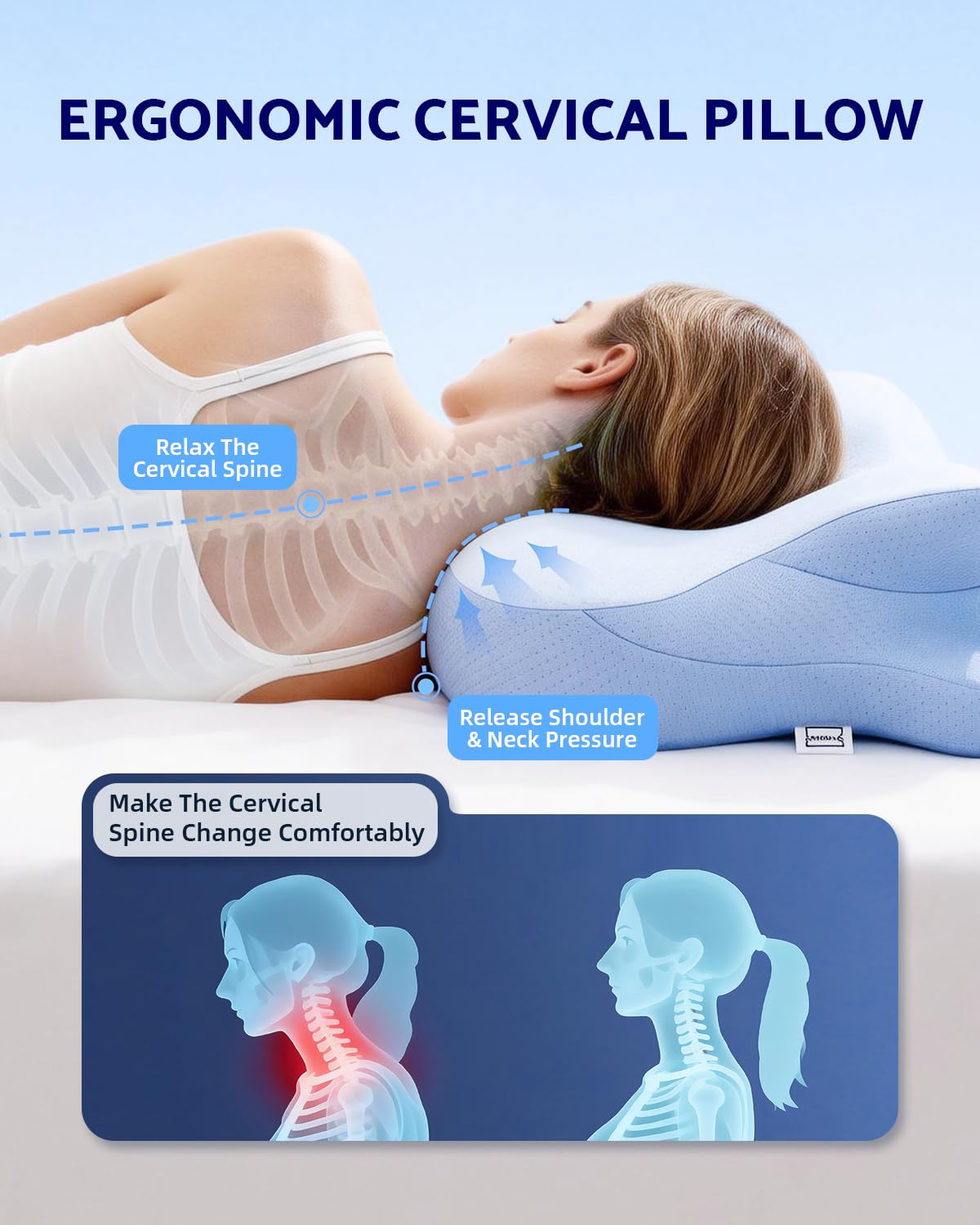 Finbuco cervical pillow center promotes spinal alignment for steady neck support.