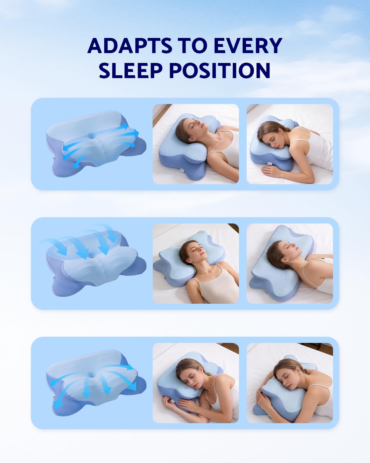 Finbuco neck pillow supports multiple sleep positions with ergonomic design.