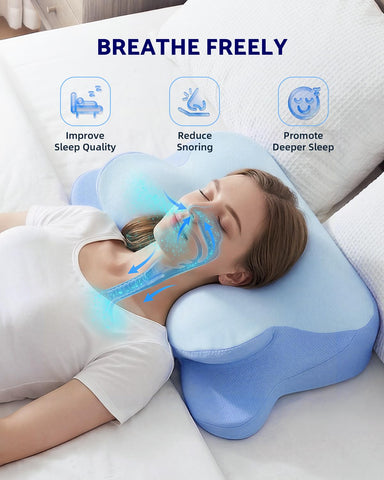 Finbuco pillow center-cut guides head for easier breathing at night.
