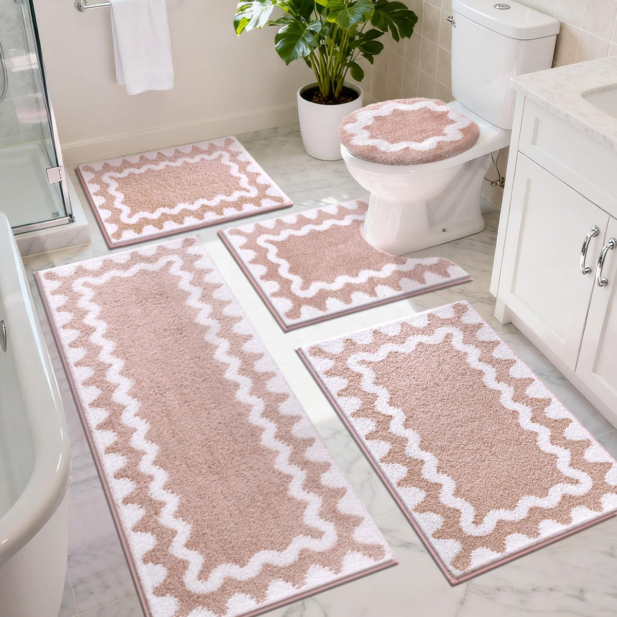 Findosom bathroom rug set pink-white runner creates a cohesive look.