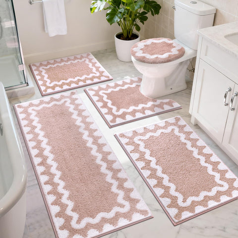 Findosom bathroom rug set pink-white runner creates a cohesive look.