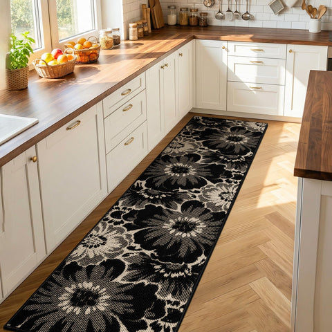 Findosom boho floral carpet in black and beige complements modern decor.
