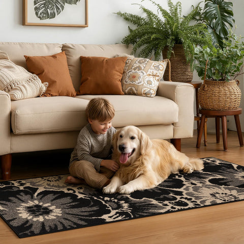 Findosom rug with non-slip backing prevents slips on smooth floors.