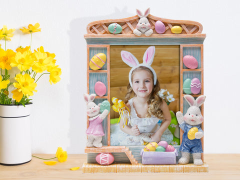 Hand-painted resin frame adds texture and warmth to any shelf