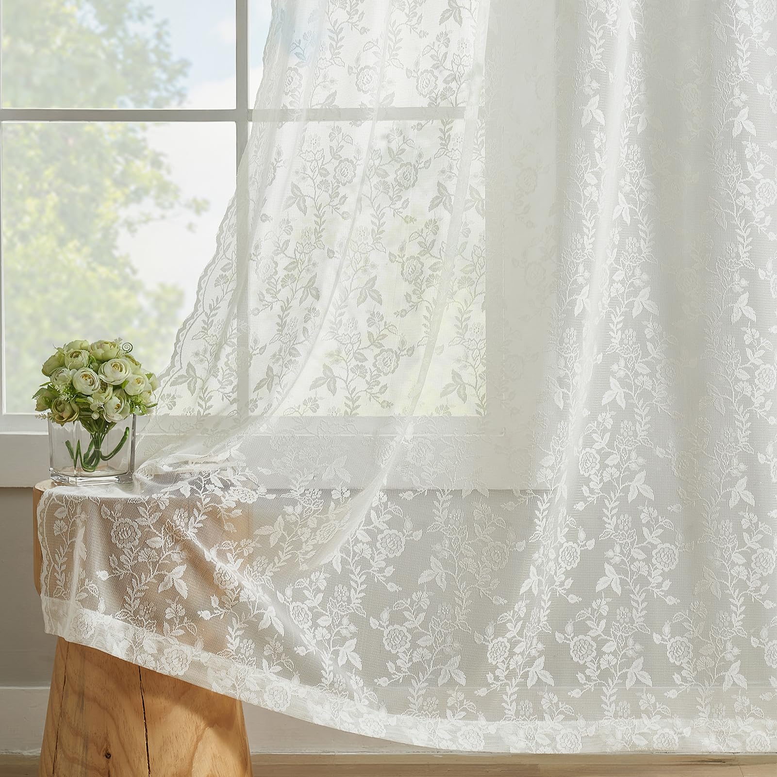 FineCity ivory lace curtains in a bedroom setting for a calm ambiance